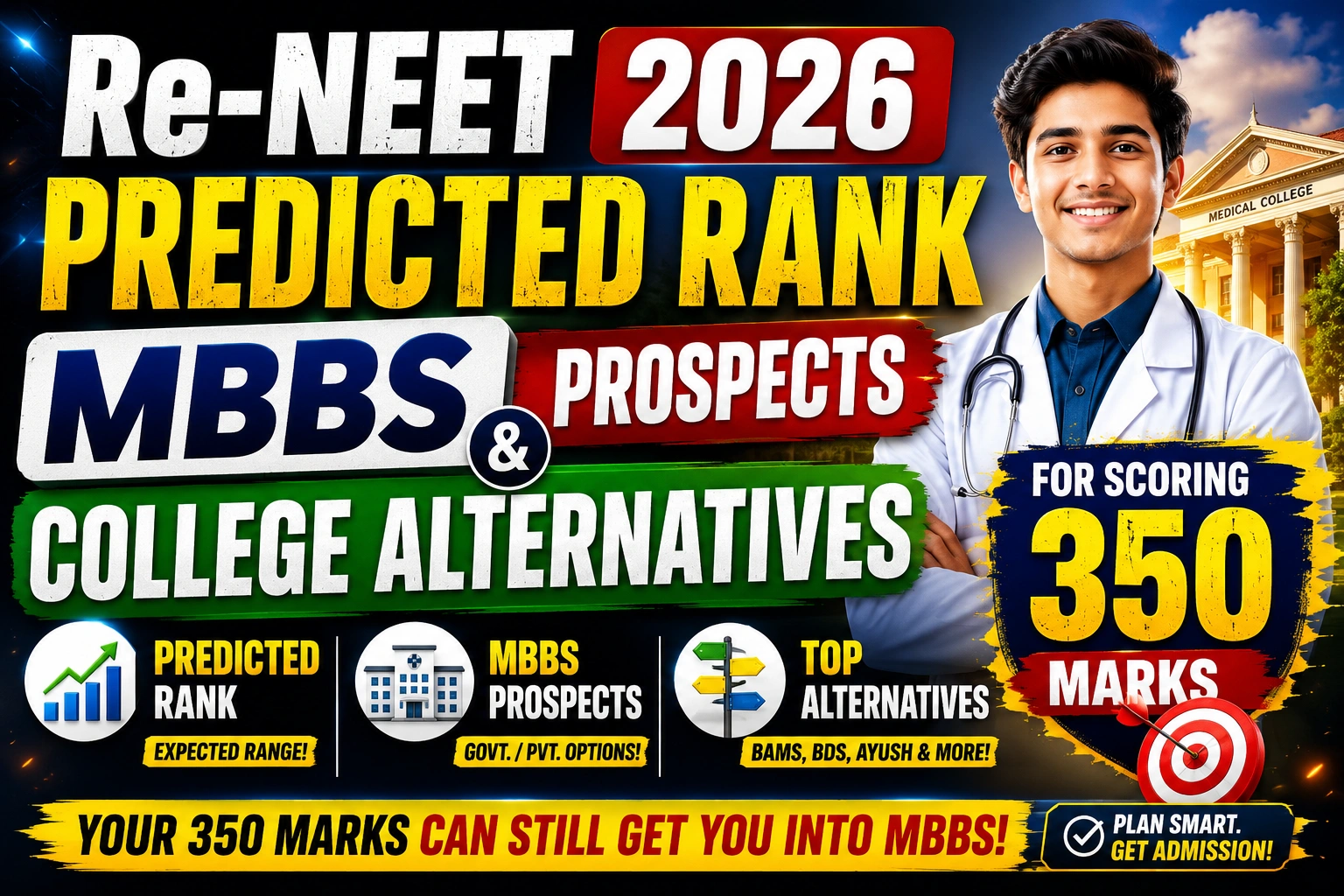 Re-NEET 2026: Predicted Rank, MBBS Prospects & College Alternatives For Scoring 350 Marks